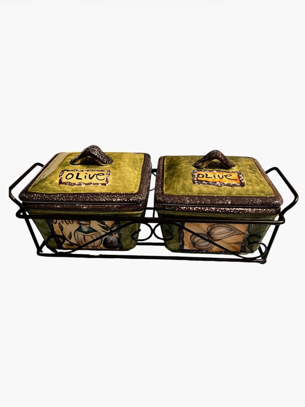 Parini Olive Ceramic Condiment Jars with Metal Rack